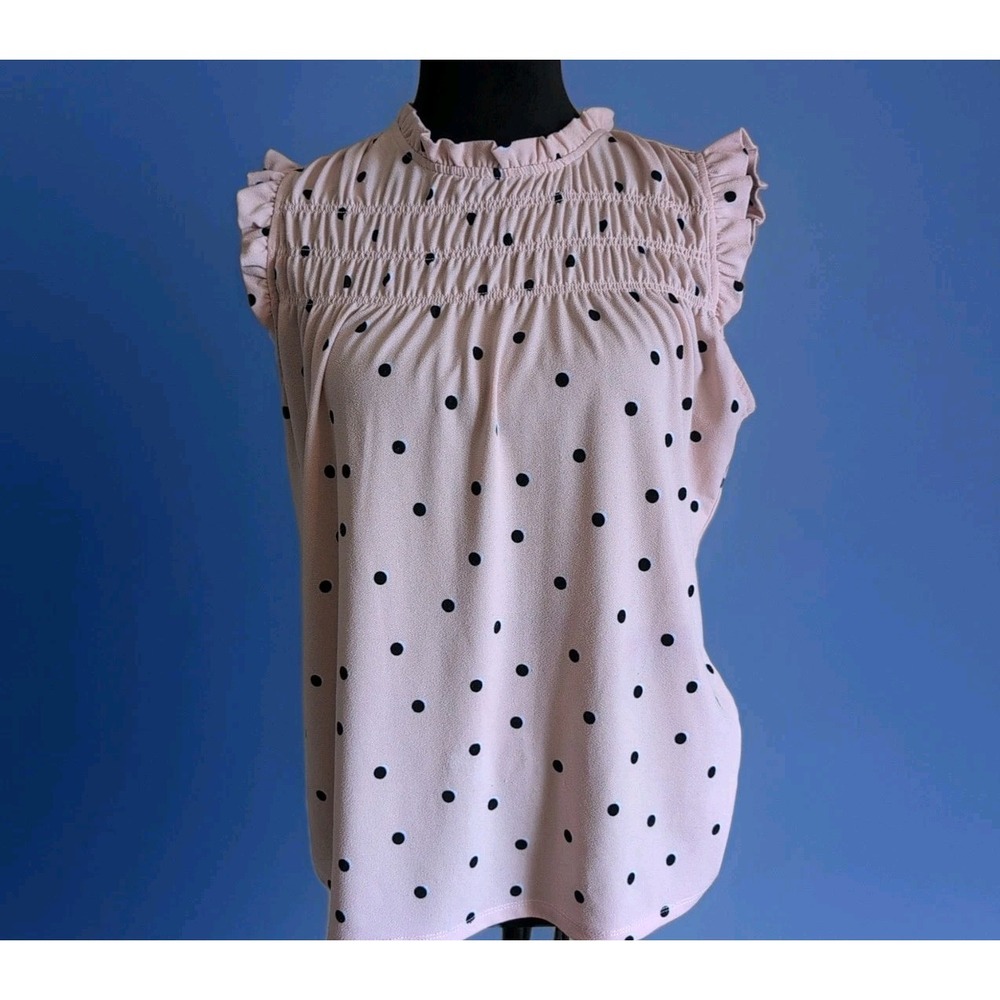 Adrianna Papell Blush Pink Polka Dot Blouse Sleeveless Smocked Ruffle Sz Med GUC